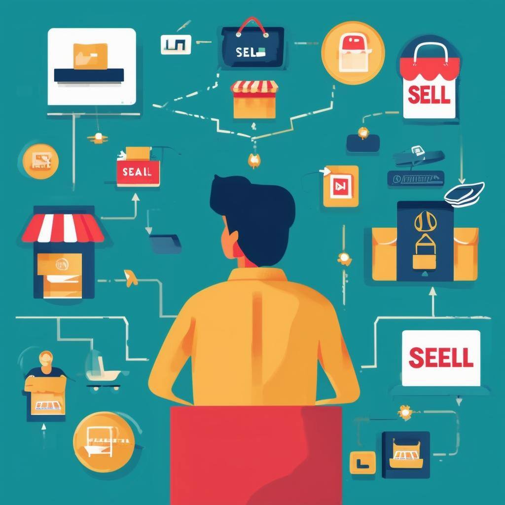 illustration of person looking at icons and deciding where to sell